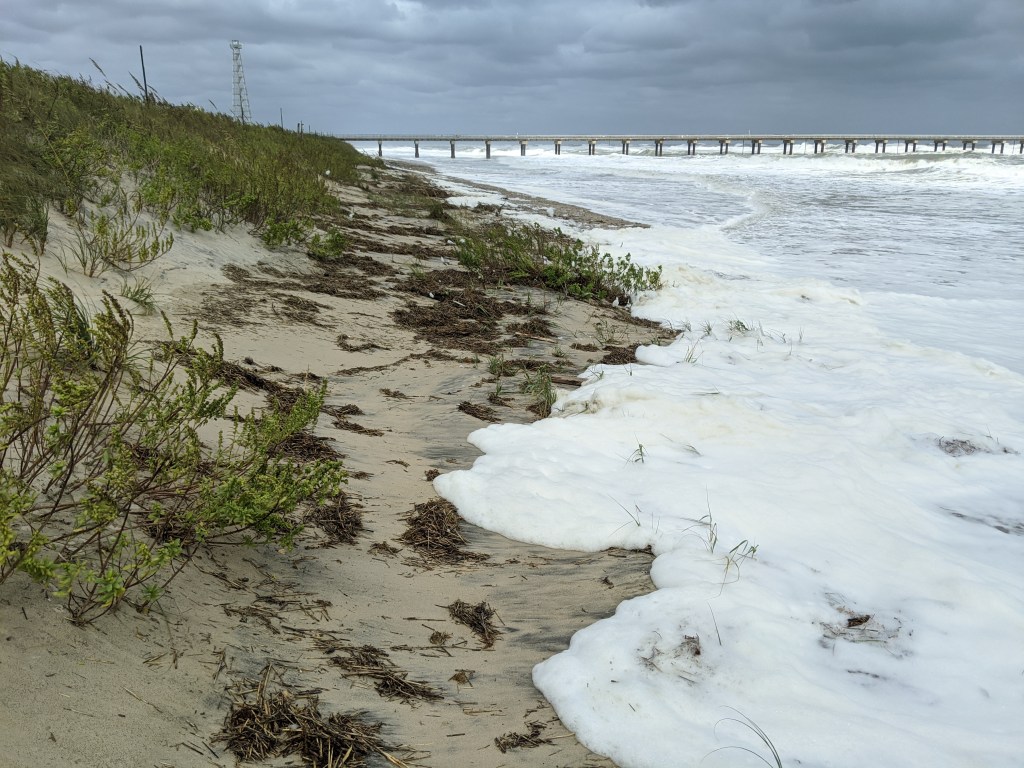 Wave run up reaching the dune toe at the US ACE Field Research Facility in Duck, North Carolina.